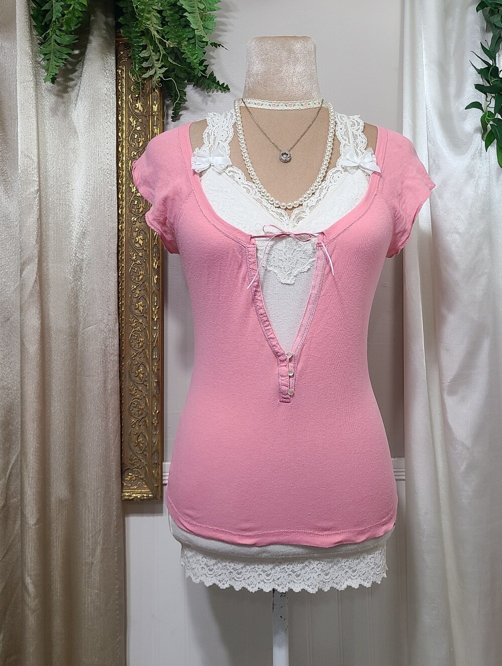♡ Y2K ♡ Hollister Pink 100% Cotton Keyhole Flutter Sleeve Babydoll Henley Top